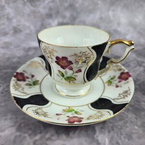 Ucagco China Demitasse Cup & Saucer Black White Pink Floral Gold Trim Japan VTG